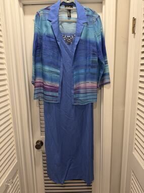 Vintage Y2K Positive Attitude Size 14Blue 2 Piece Dress Jacket Beaded Boho